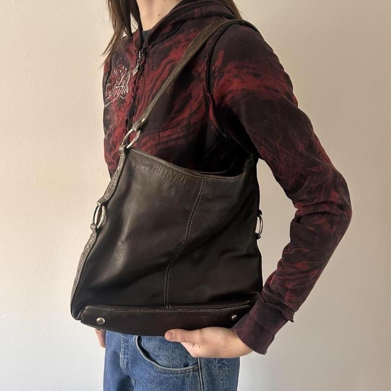 Vintage American West Tooled Leather Shoulder Bag Cow Hair Hide Western Studded