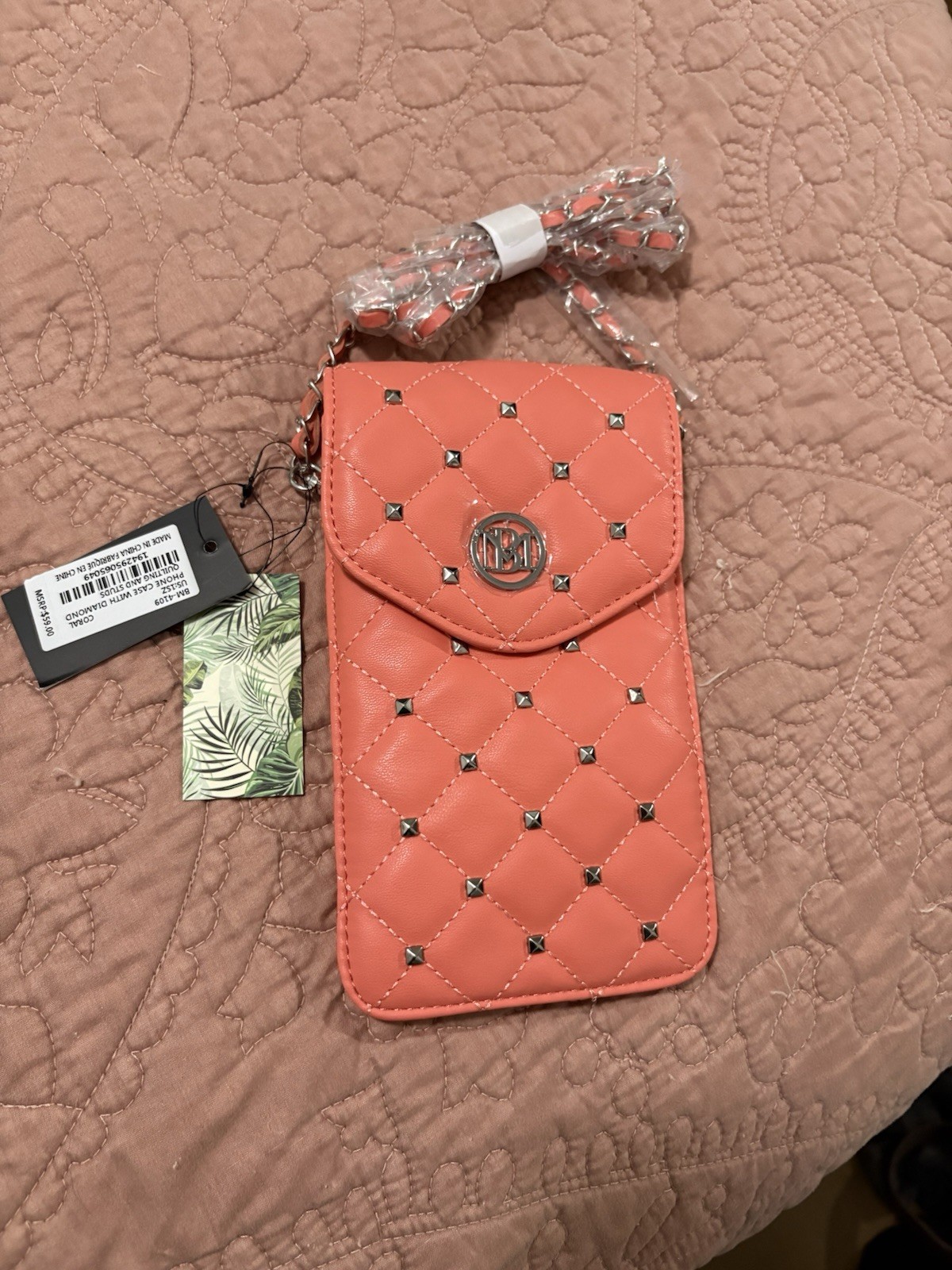 Badgley Mischka Vegan Leather Pearl Phone Case W/Card Holder Coral Crossbody NEW