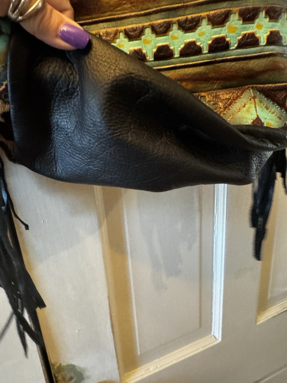 Rhinestone Cowgirl Hand Crafted Large Shoulder Bag Cow Hair Vegan Leather Fringe