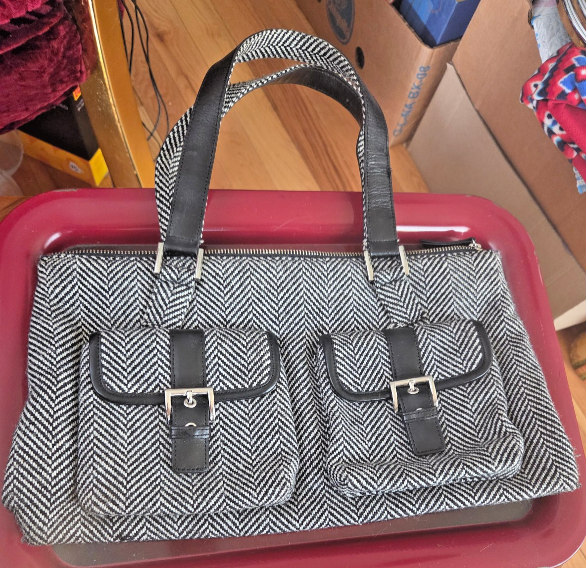 Vtg 2005 Banana Republic Wool Blend Black Herringbone Leather Trim Purse