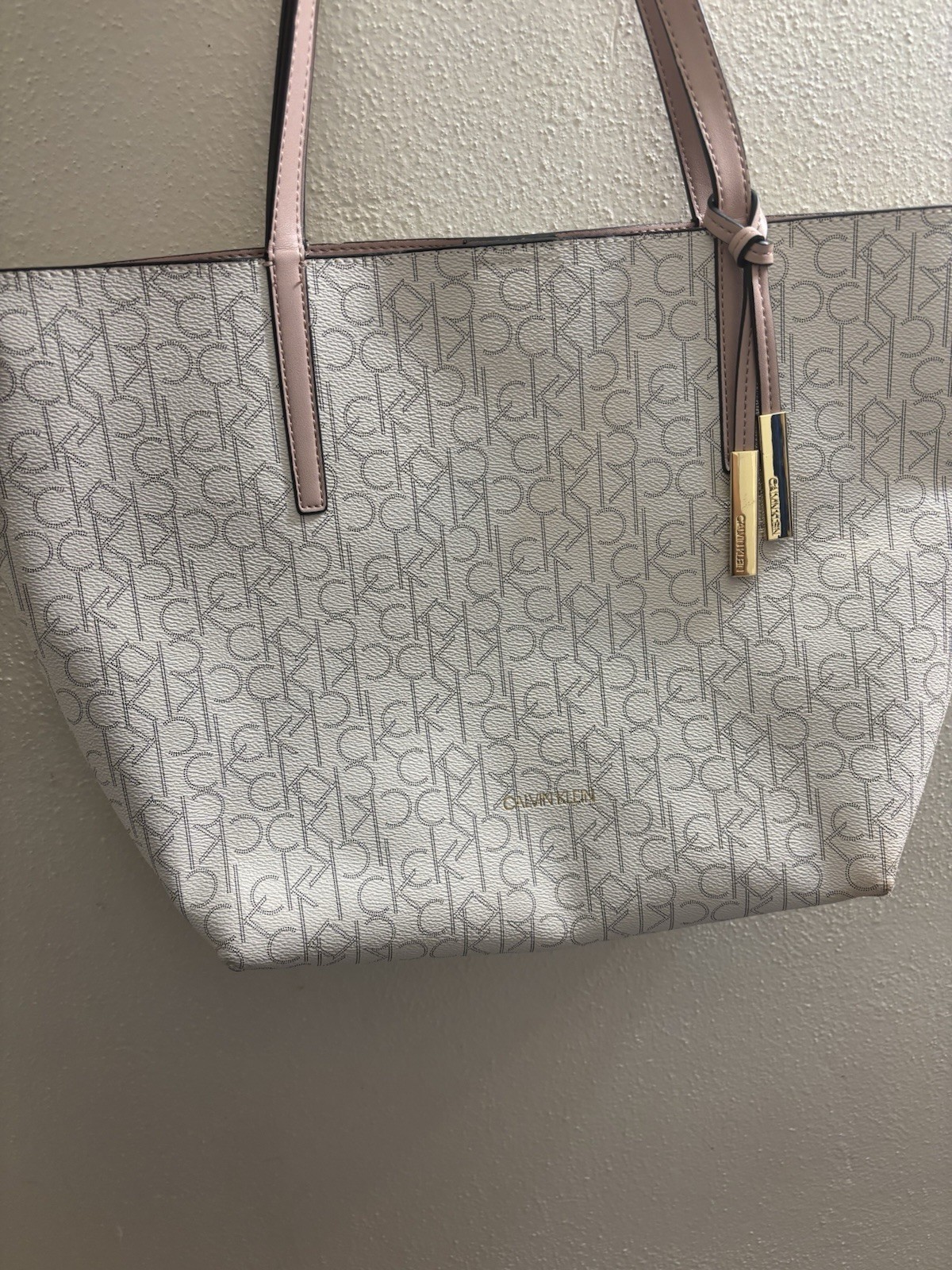 Calvin Klein CK Monogram Large Tote Bag Beige Magnetic Closure Gold Hardware