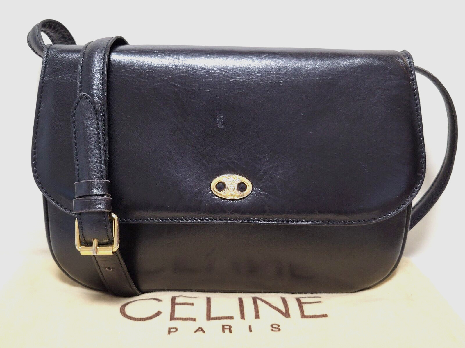 CELINE Shoulder Bag Purse Triomphe Leather Black Vintage
