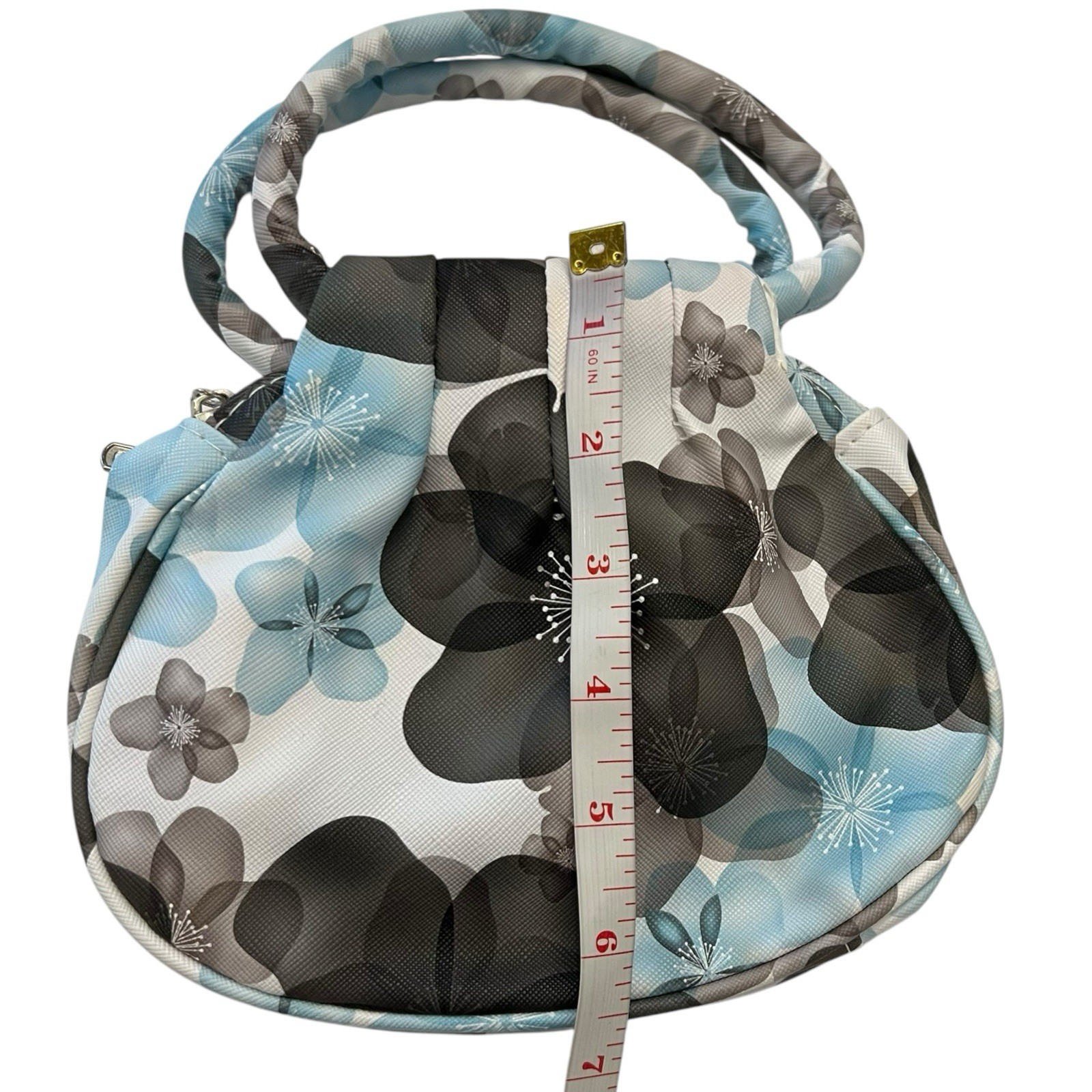 NEW Women’s Mini Top Handle Bag Purse Compact PU Handbag Blue Floral Party