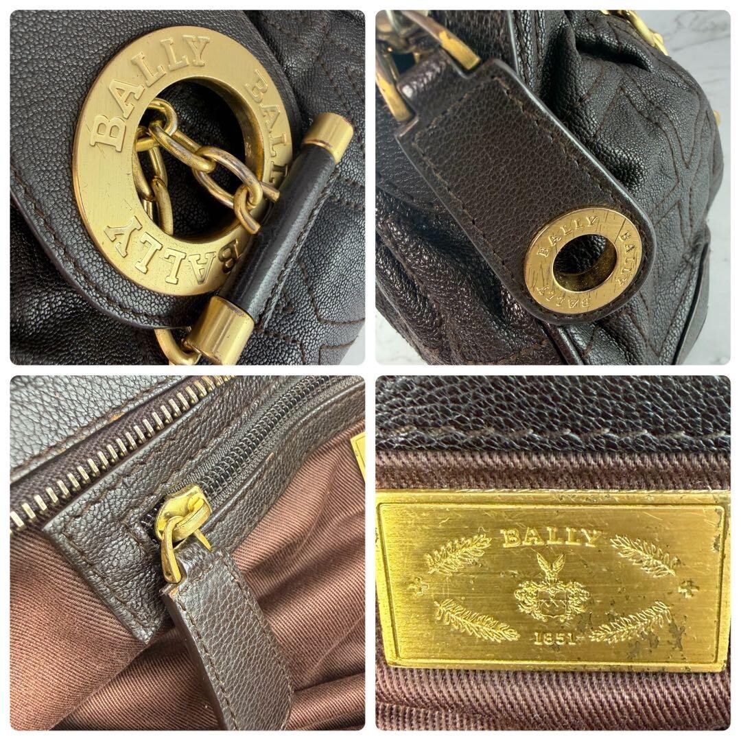 BALLY Dark Brown Leather Chain Shoulder Bag Gold Hardware Large Y2K 40cm