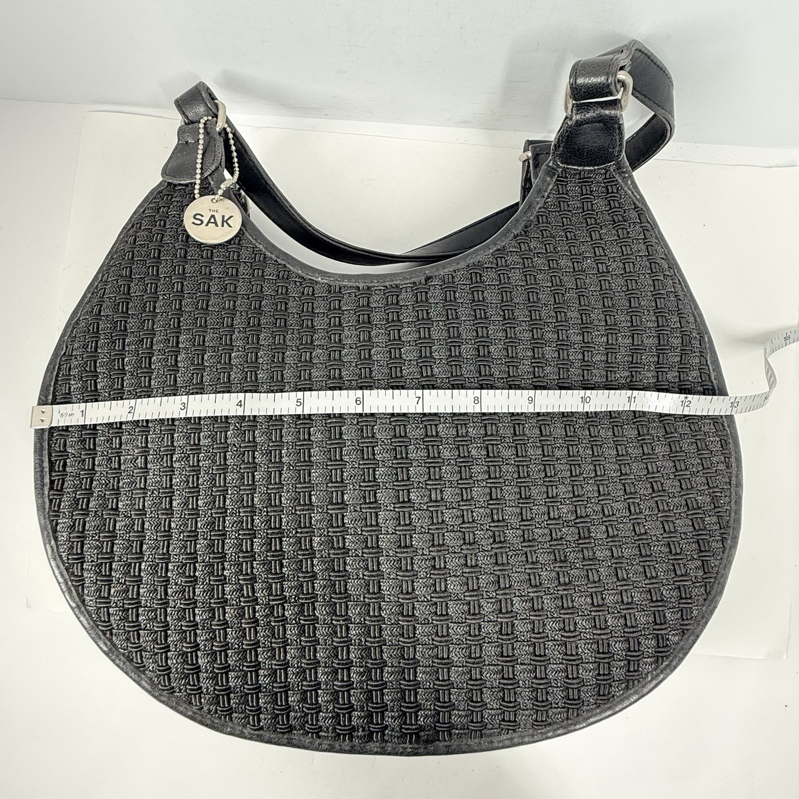The Sak Woven Shoulder Bag Black Basket Weave Cotton Paper Faux Leather Boho