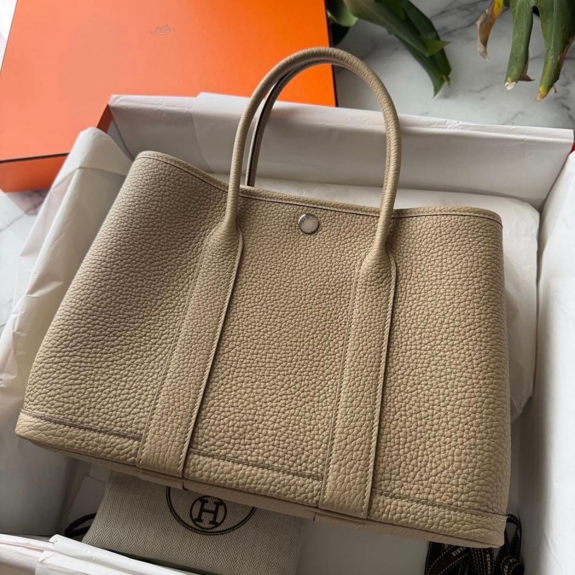 Hermes Garden Party TPM Handbag Negonda Leather Silver #WB4439