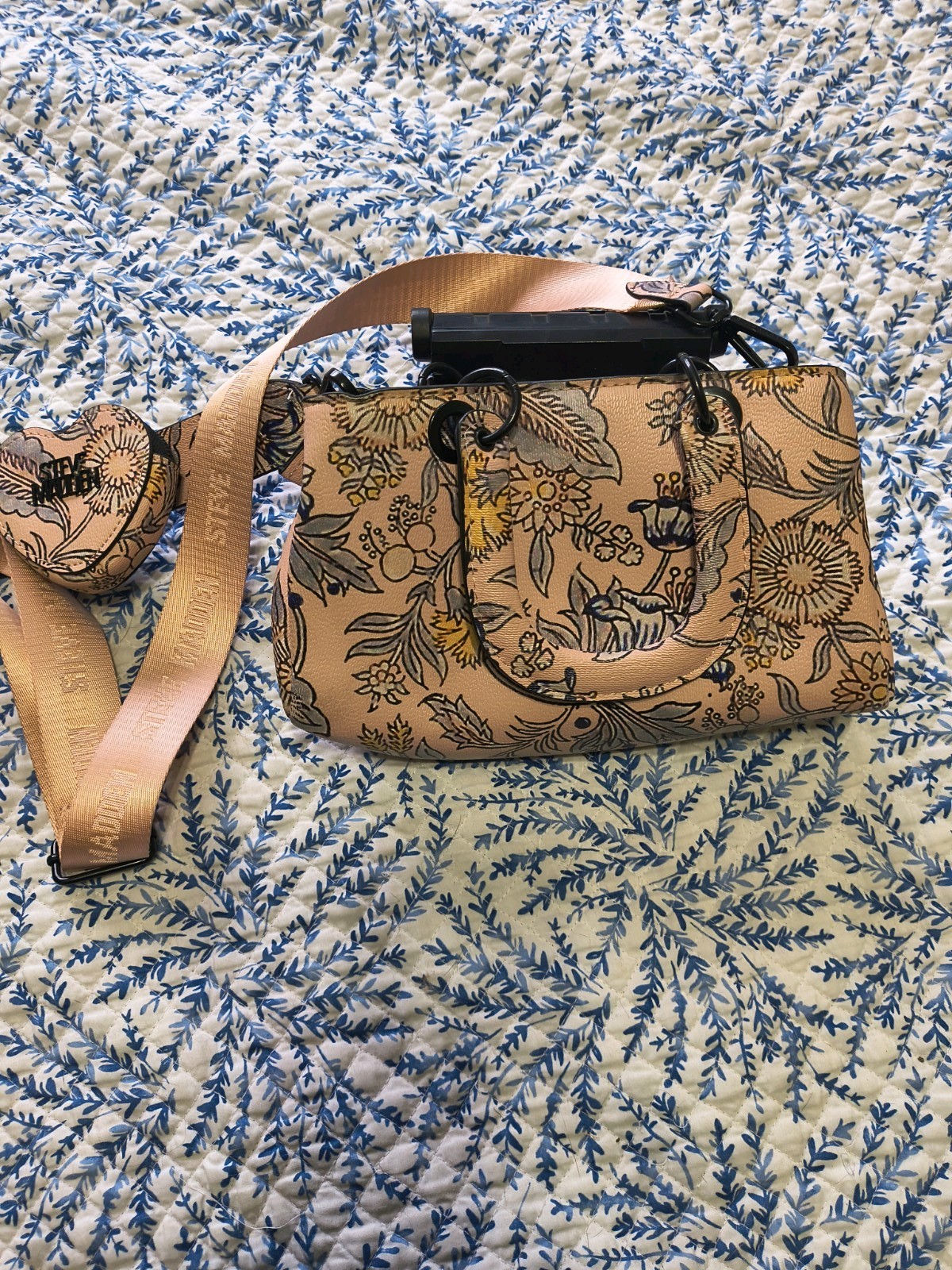 Steve Madden Crossbody Bag Cream Brown Logo Embossed Guitar Strap with Pouch