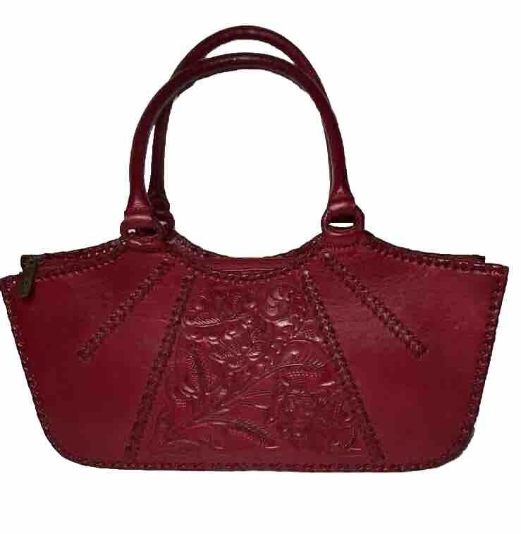 Alexis David Red Tooled Leather Handbag Purse Large Whipstitch Red East West