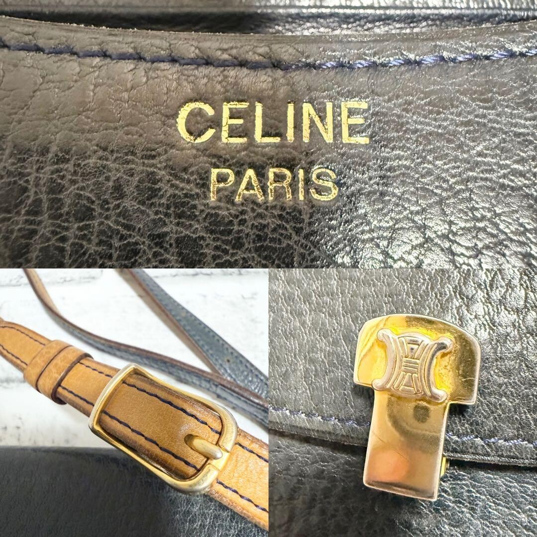 CELINE Triomphe Vintage Crossbody Bag Dark Navy Leather Gold Hardware Auth