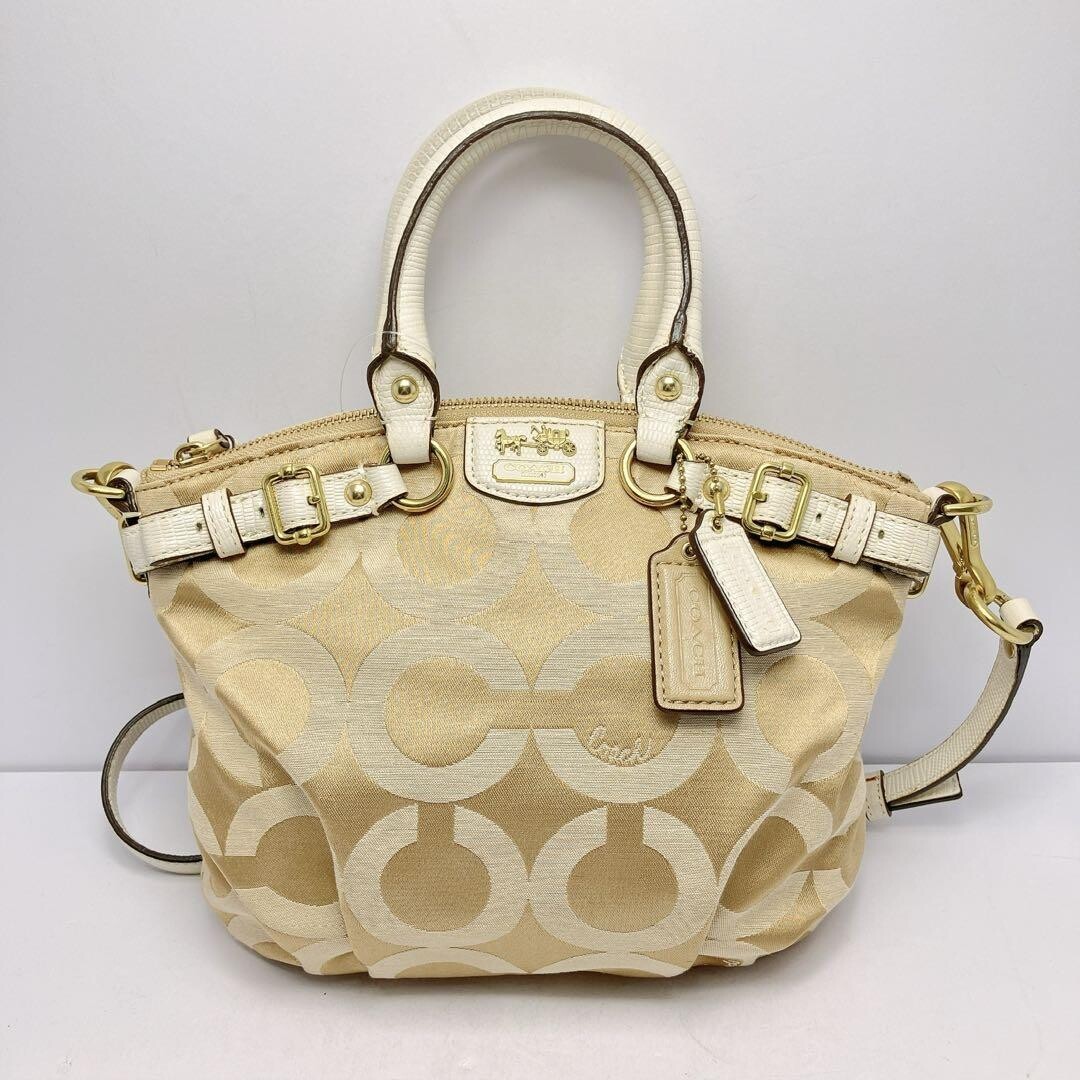 COACH Madison Op Art Signature 2Way Satchel Handbag Beige Gold 18651 w Strap