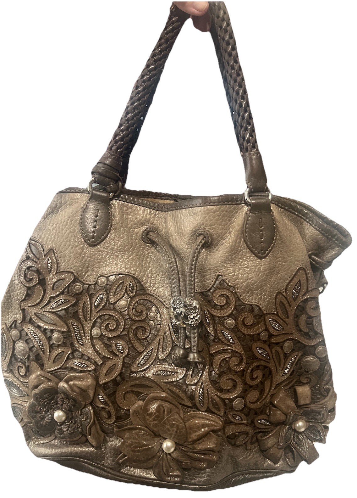 BRIGHTON Masterpiece Collection CATCH the MOON 3D FLOWERS Pearl Bucket HANDBAG