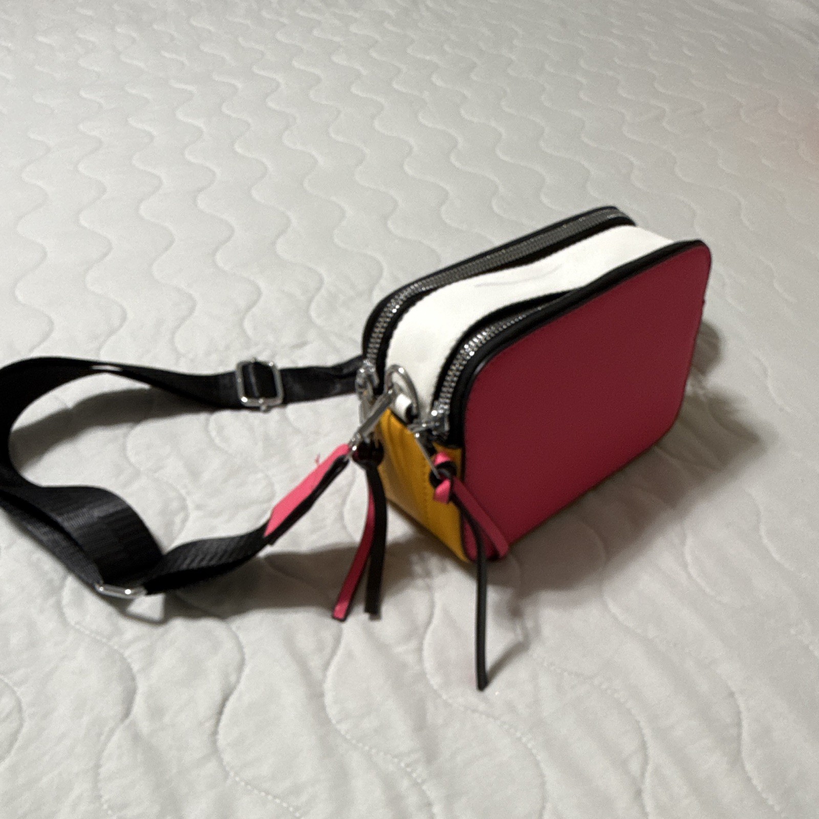 Women’s Colorblock Small Crossbody Bag Pink White Yellow Double Zip, Strap