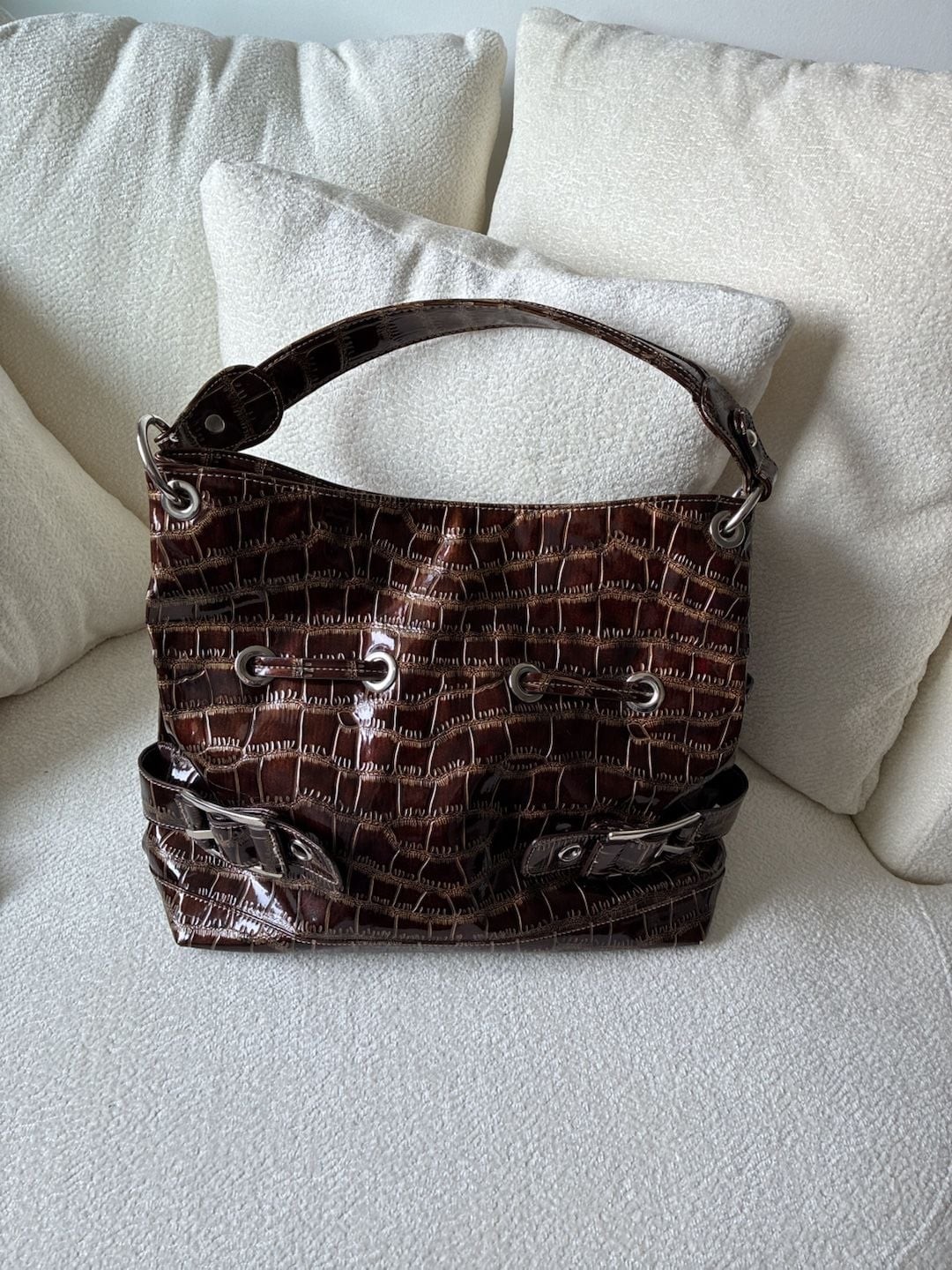 Sag Harbor Brown Faux Crocodile Patent Leather Shoulder Bag