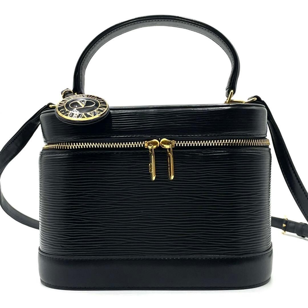 Valentino Garavani 2Way Vanity Shoulder Bag Black Leather Gold Charm Auth