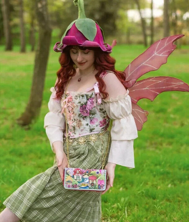 Vendula Fairy Village Large Crossbody Zip around Wallet Purse Ren Faire Mushroom