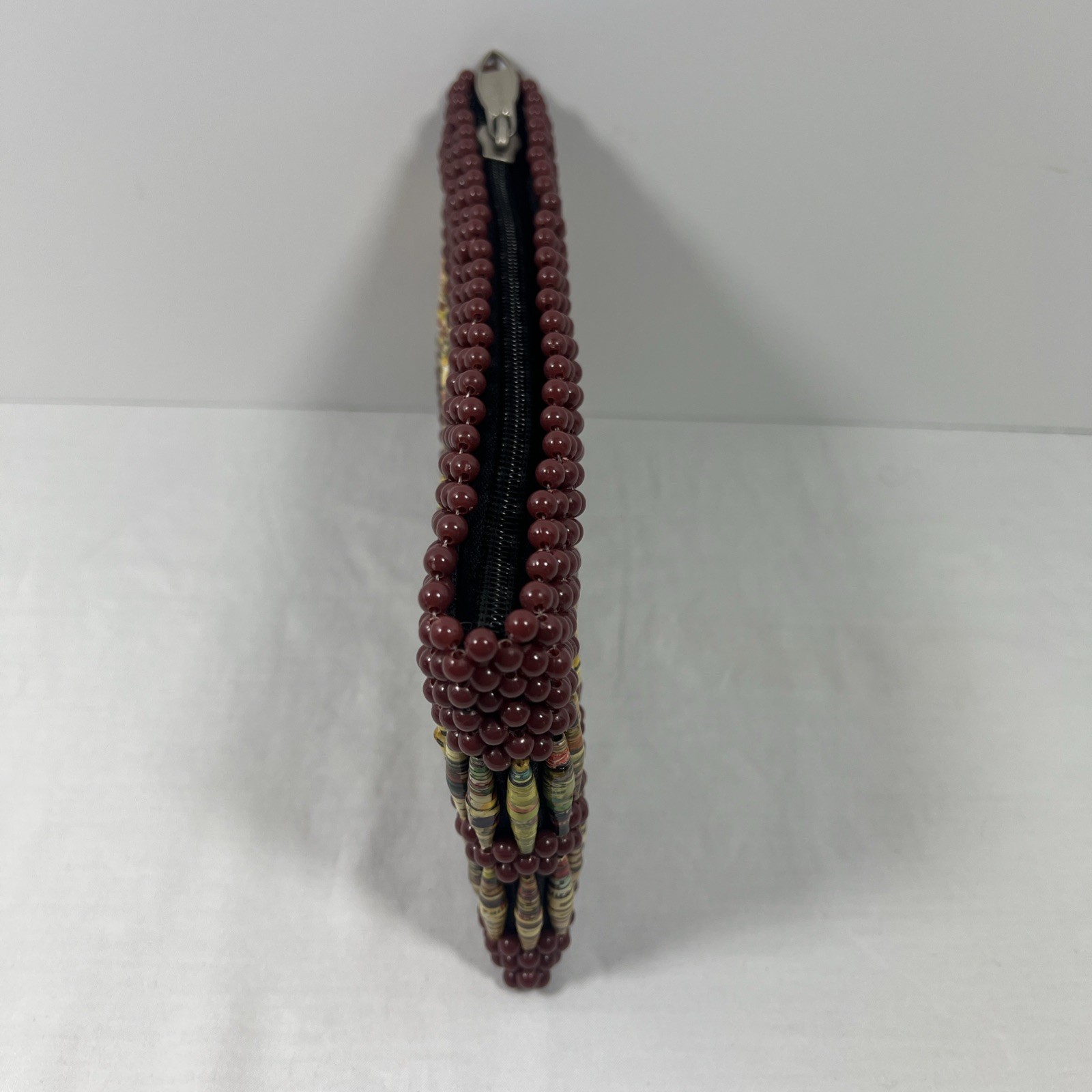 Recycled Paper Hand Beaded Clutch Bag Purse Artisan Maroon Fabric Lined Zipper