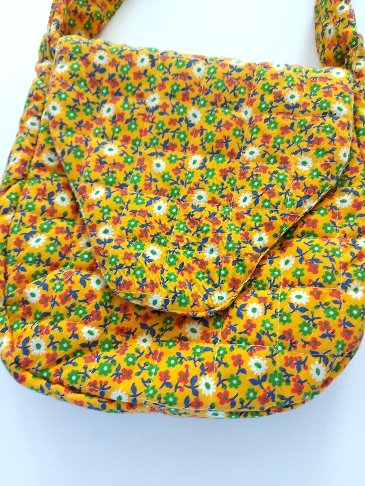 Vintage Yellow Green Red White Blue Floral Handmade Quilted Purse Shoulder Bag
