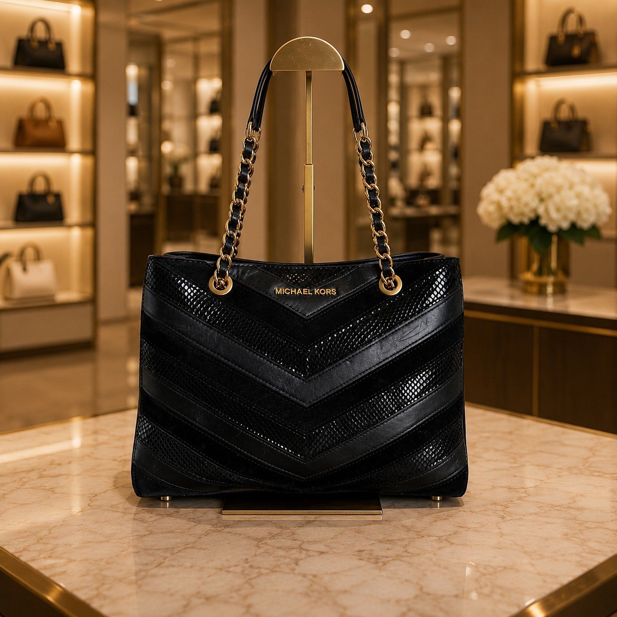 Michael Kors Susannah Chevron Black Tote Bag Patchwork Snakeskin Embossed