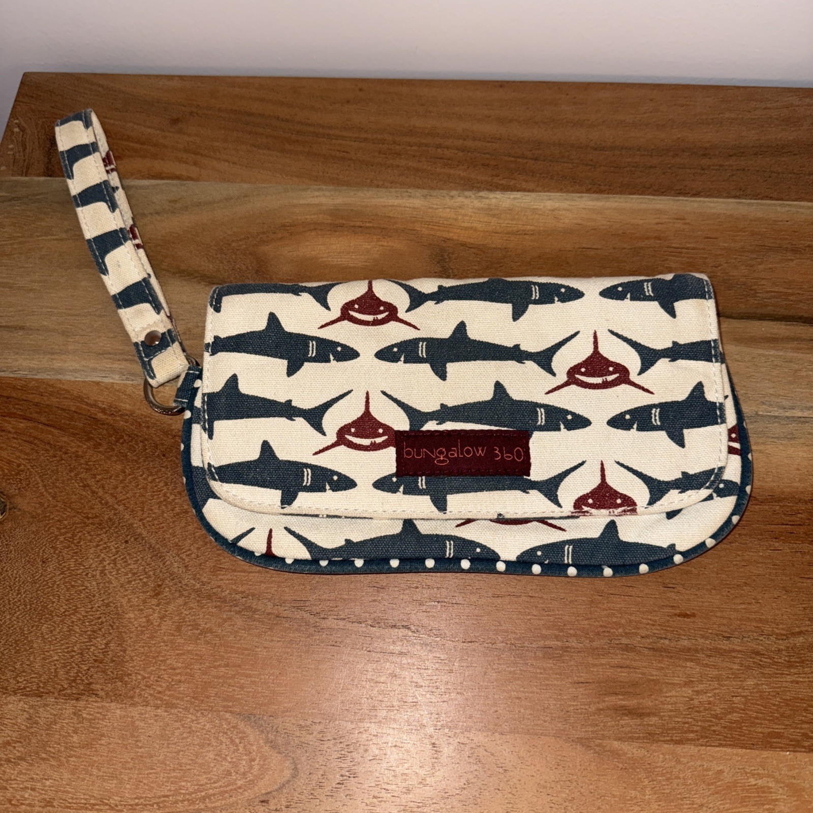 Bungalow 360 Shark Wrislet Sharks in blue gray and maroon Fabric Clutch