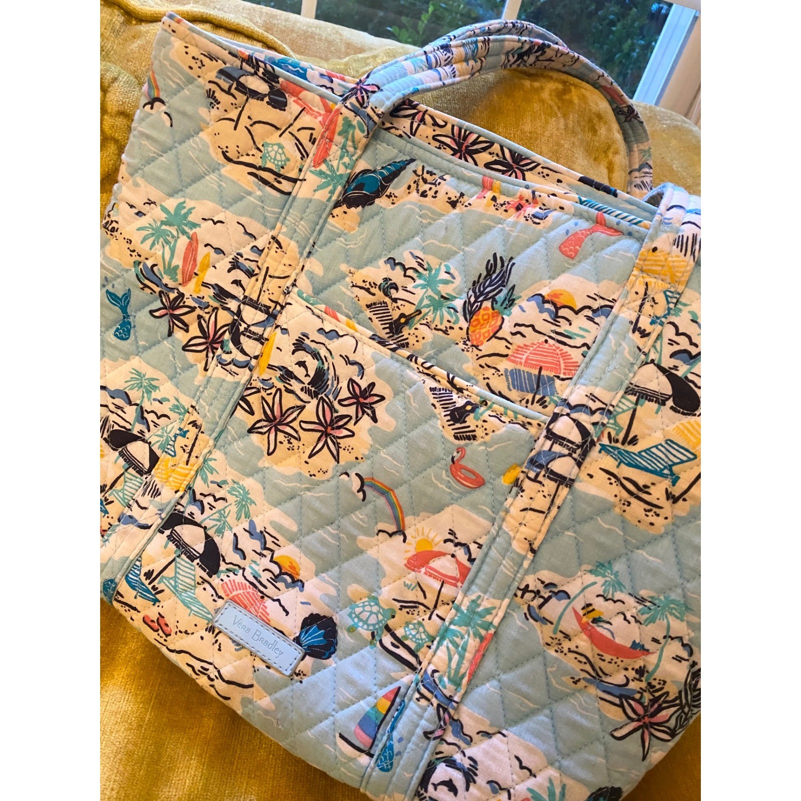 Vera Bradley Sunlit Garden Quilted Cotton Tote Bag Beach Tropical Blue Shoulder