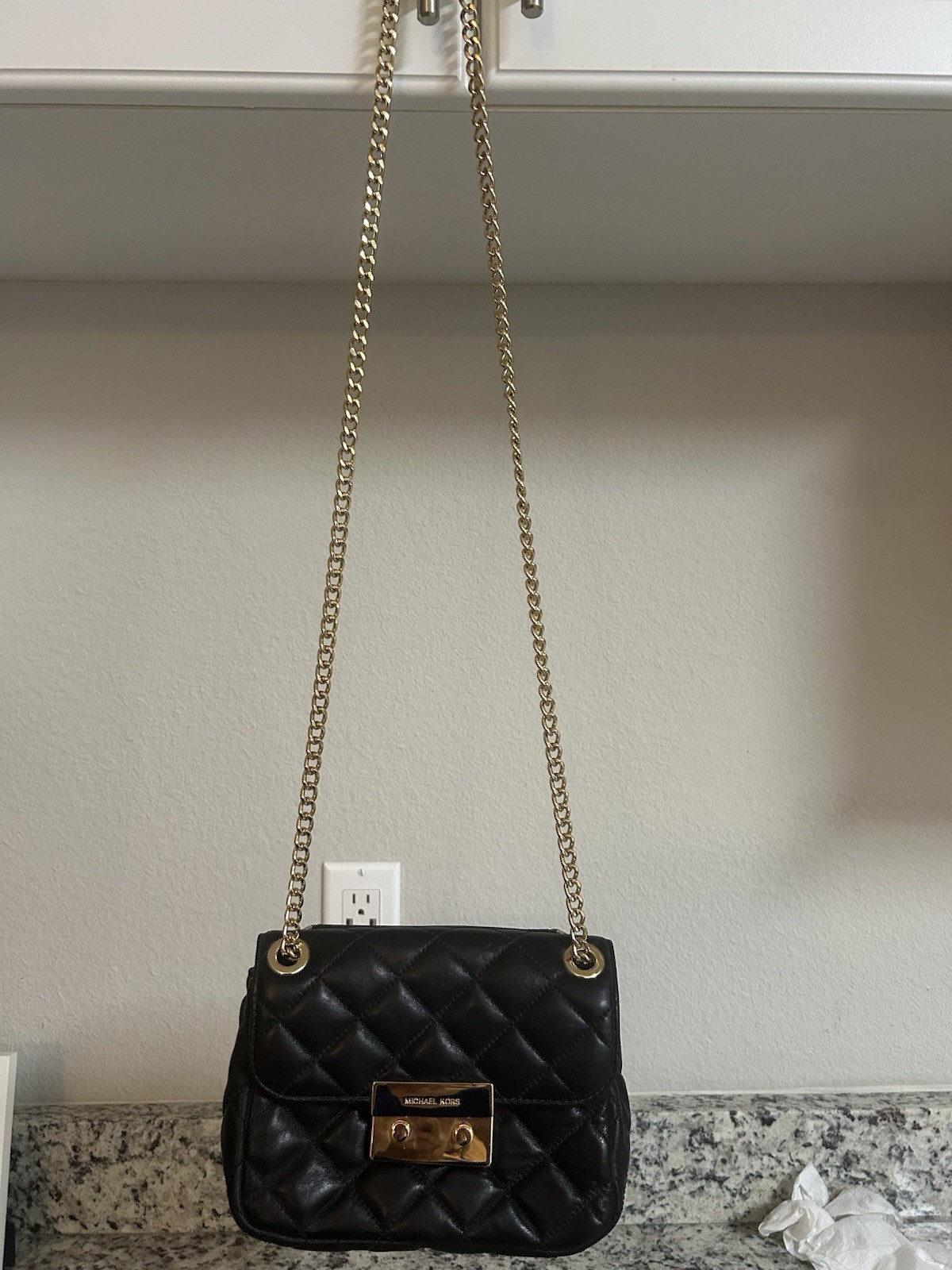 Michael Kors Sloan Small Quilted Leather Chain Shoulder Bag Black Gold