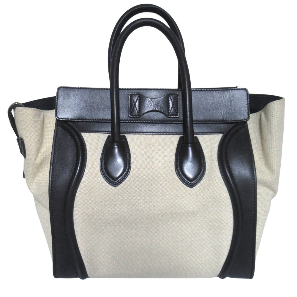 CELINE canvas leather luggage mini shopper tote bag beige and black. Women USED
