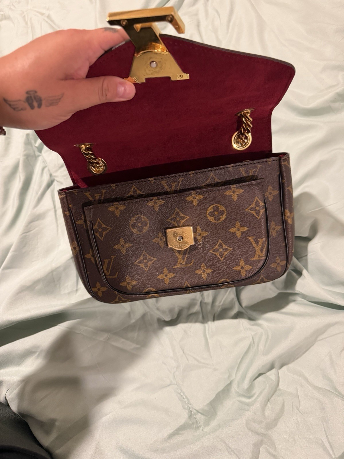 Louis Vuitton Monogram Brown Shoulder Bag Gold Chain Strap Lock w/ Zipper Pocket