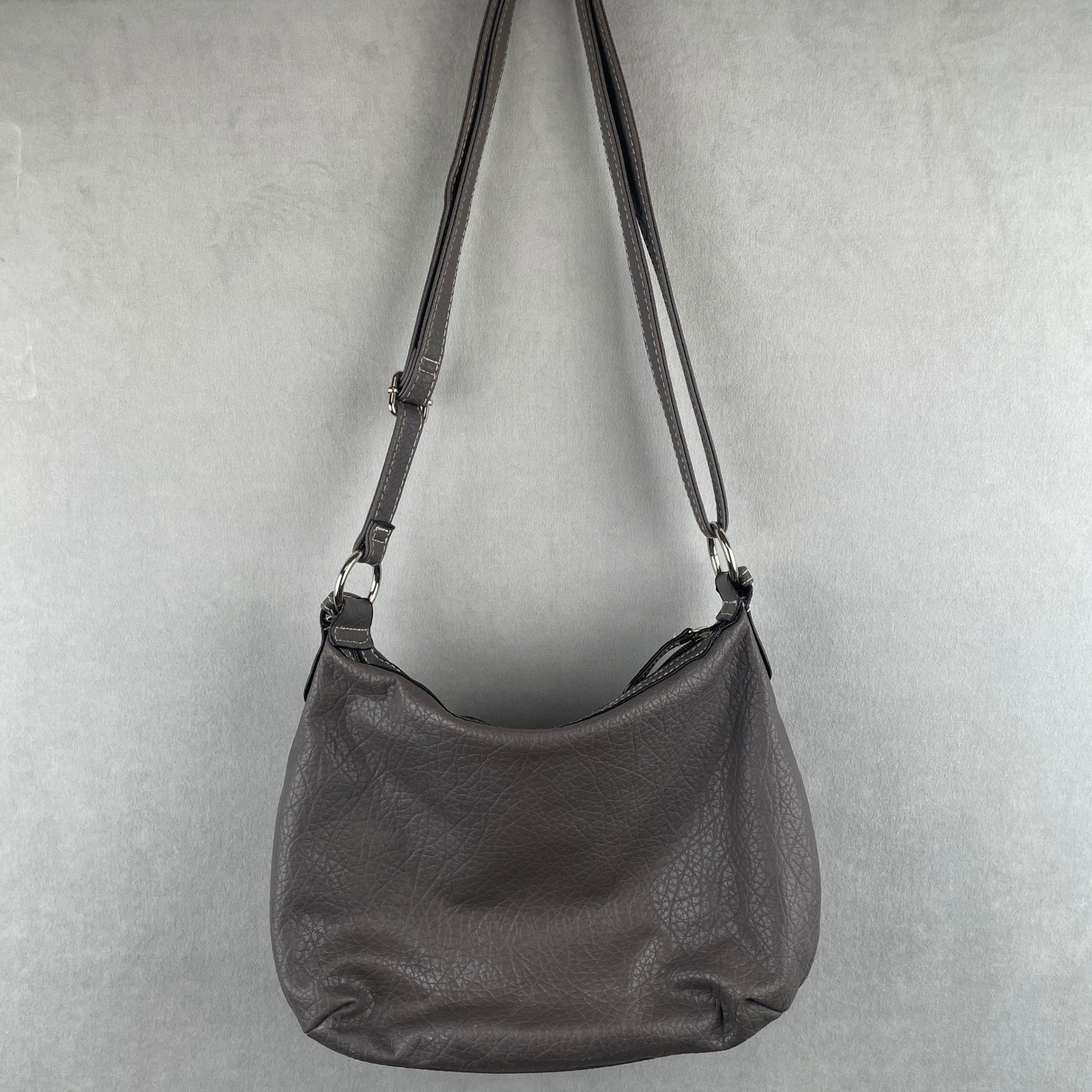 Rosetti Gray Pebbled Faux Leather Crossbody Bag Hobo Purse Contrast Stitch Boho