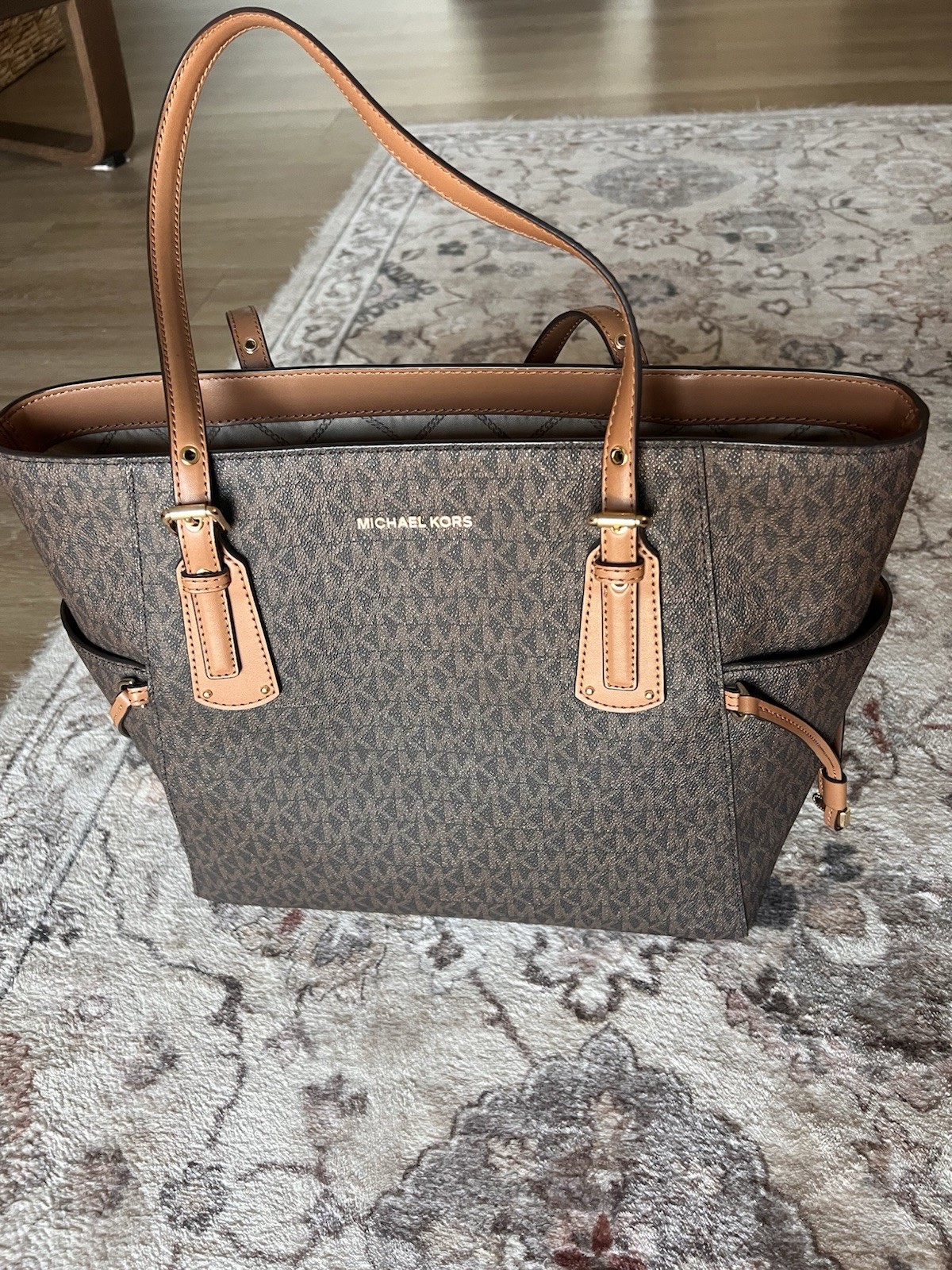 Michael Kors Brown Monogram Tote Zip Double Handles Gold Hardware + Wallet