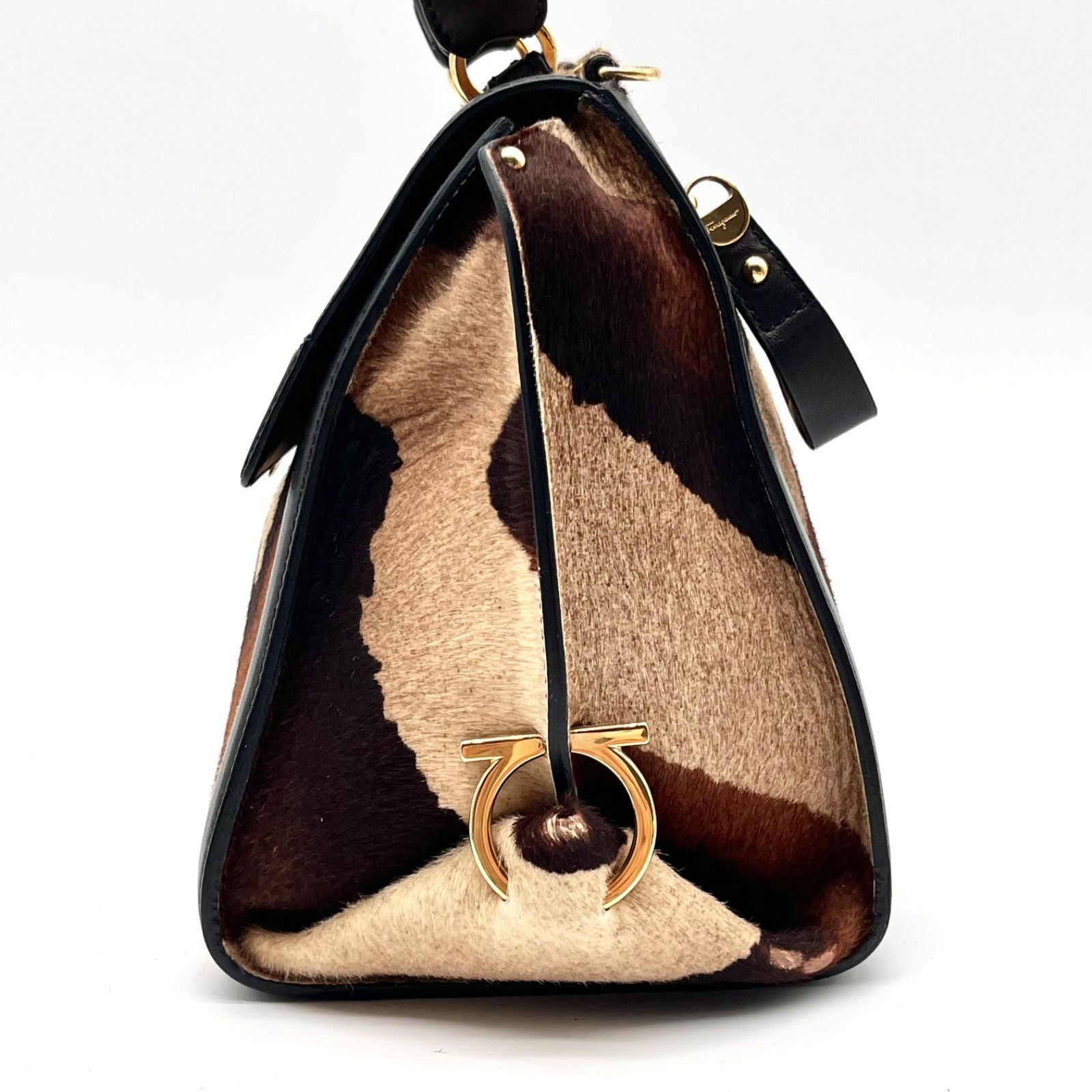 Auth Salvatore Ferragamo Sofia Gancini Pony Hair 2Way Handbag ShoulderBag 2Y9472