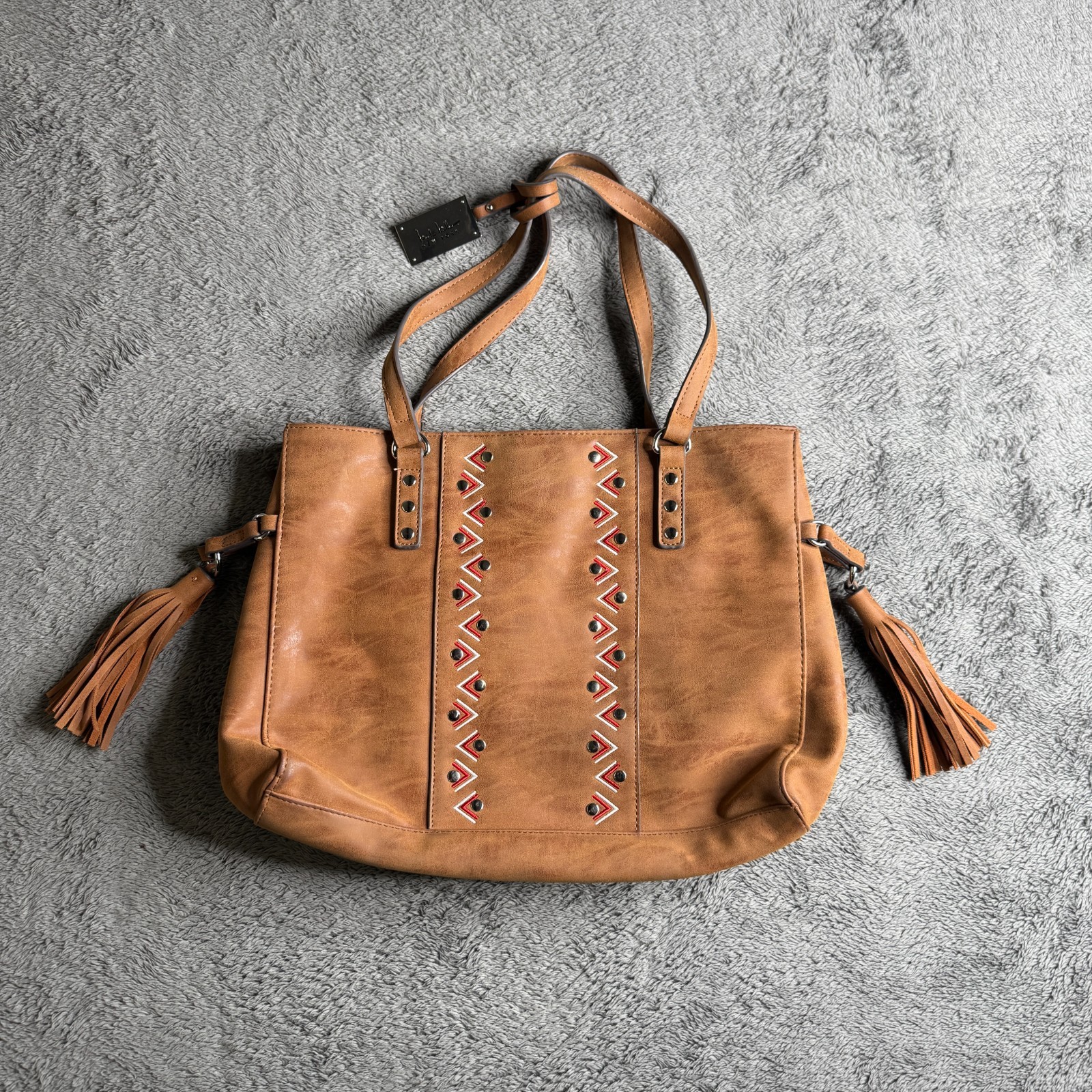 Nicole Miller New York Vegan Leather Western Shoulder Tote Bag Snap Close Tassle