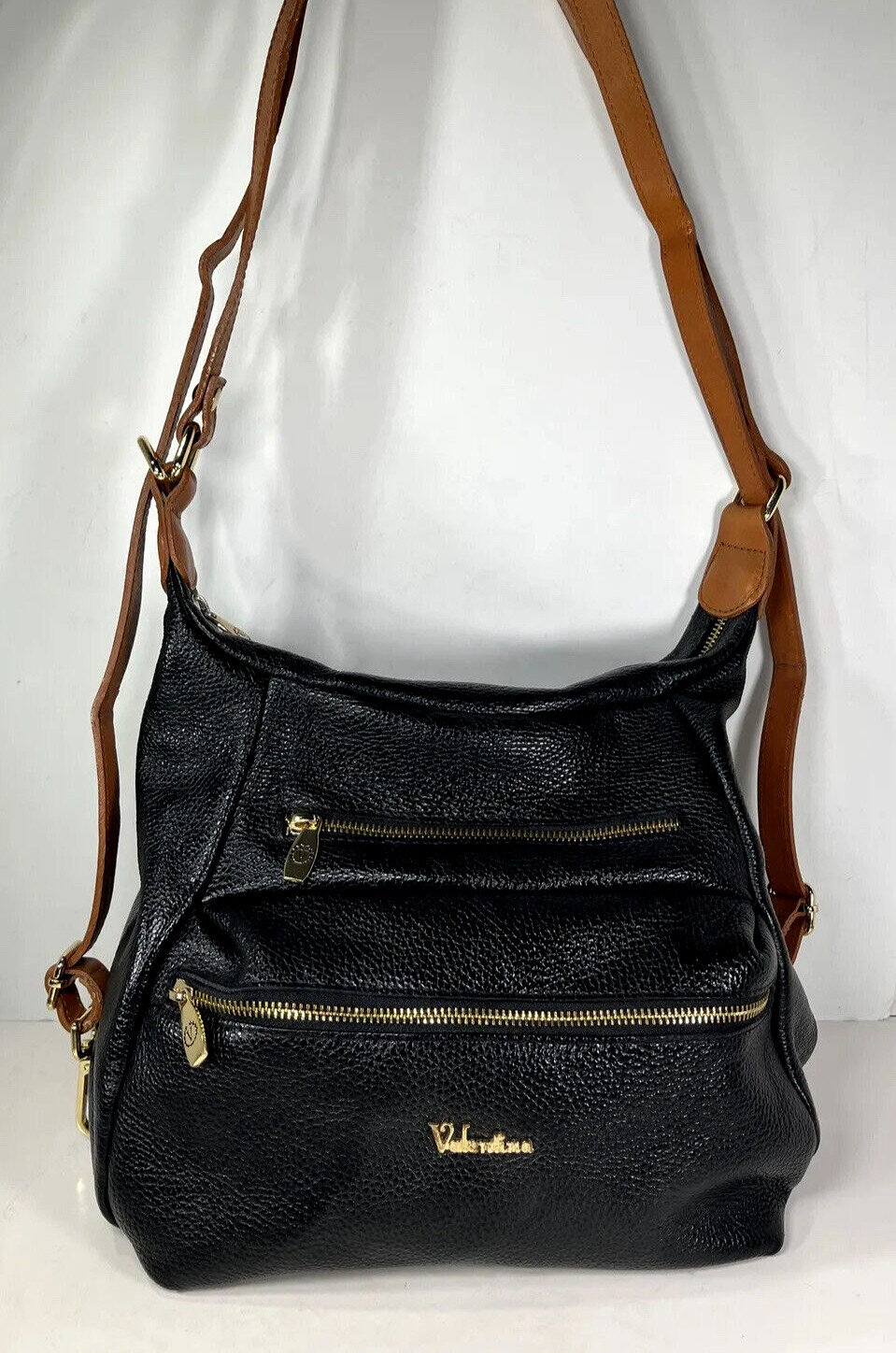 Valentina Italian Leather Black with Brown Trim Convertible Strap Shoulder Bag