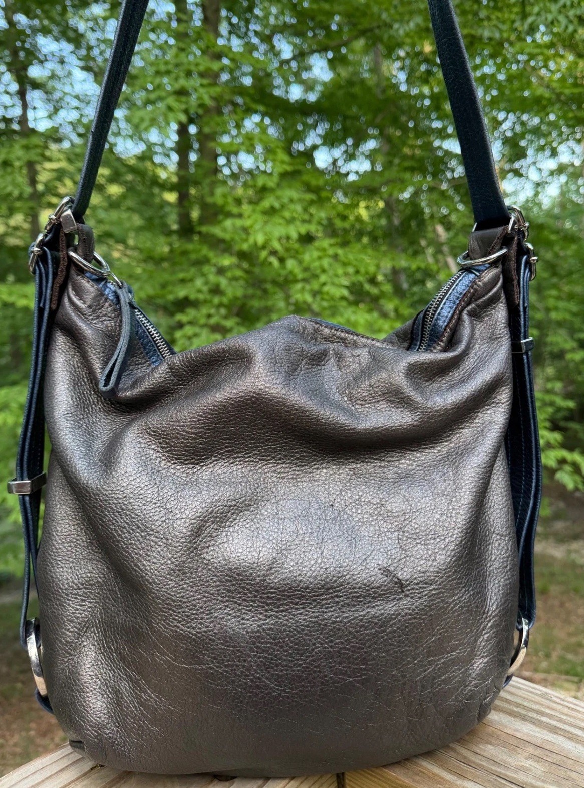 Rough & Tumble Original Hobo Pack Metallic Pewter Leather 3-in-1 Backpack Maine