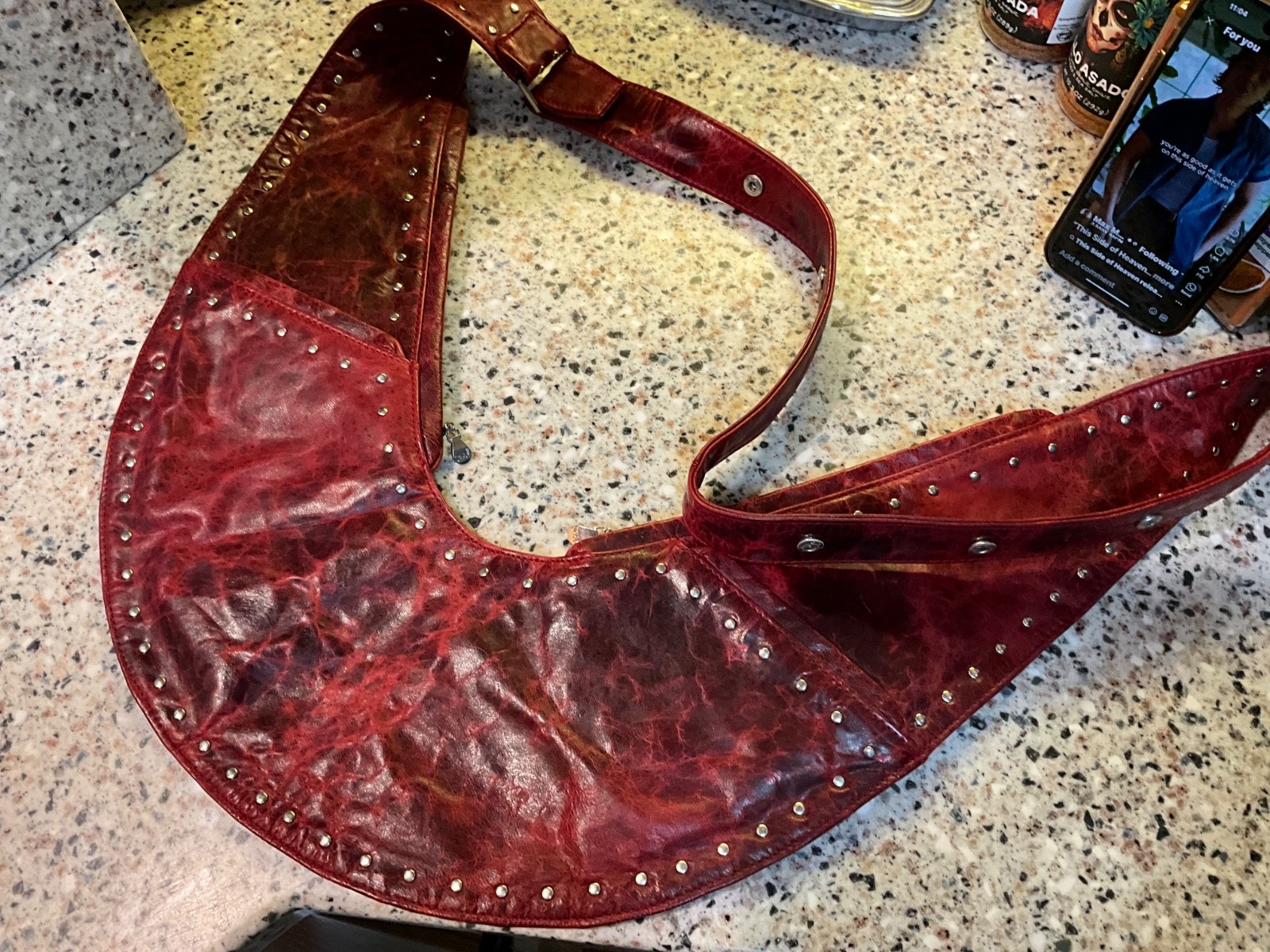 THE SASH BAG CLASSIC LEATHER MARBLED STUDDED CROSSBODY $239