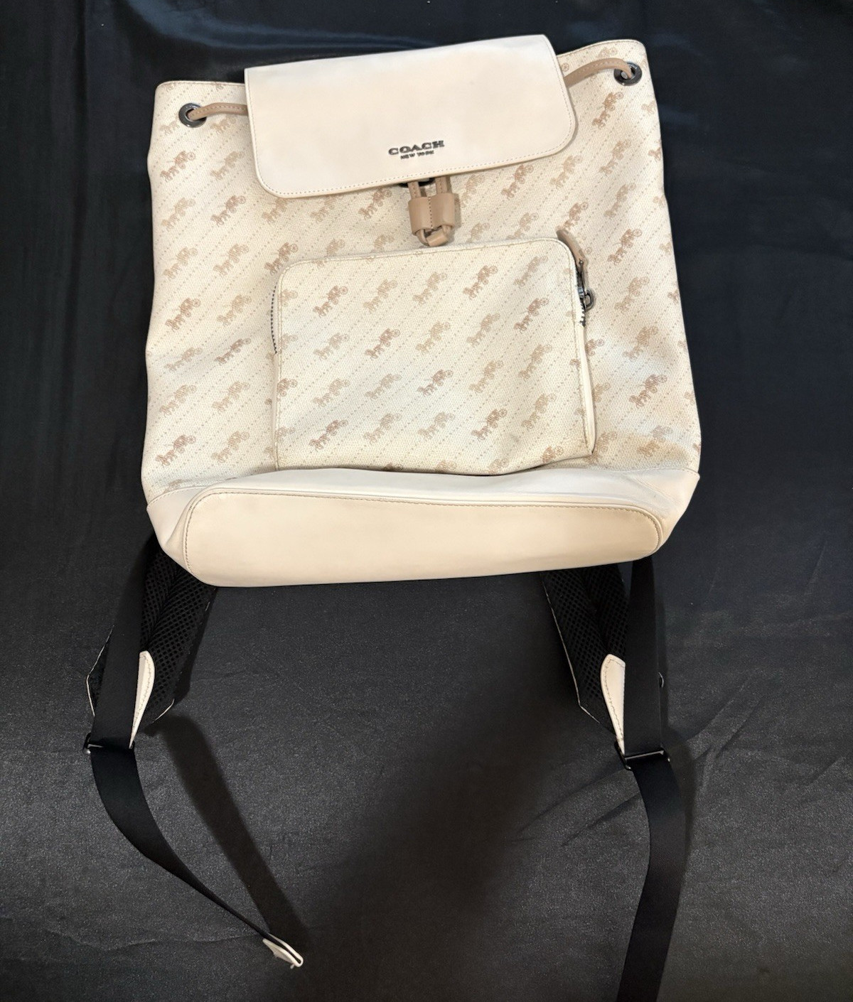 Coach Beige Logo Drawstring Flap Backpack w/ Inner Pockets