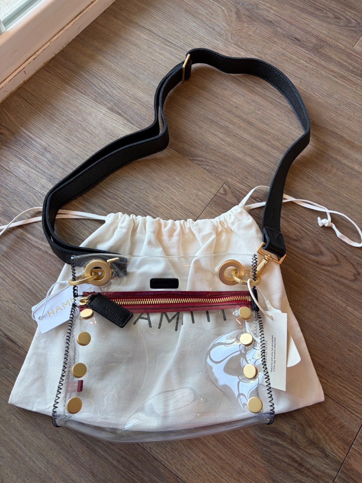 Hammitt Small Tony in Clear Black/Brushed Gold Red Zip