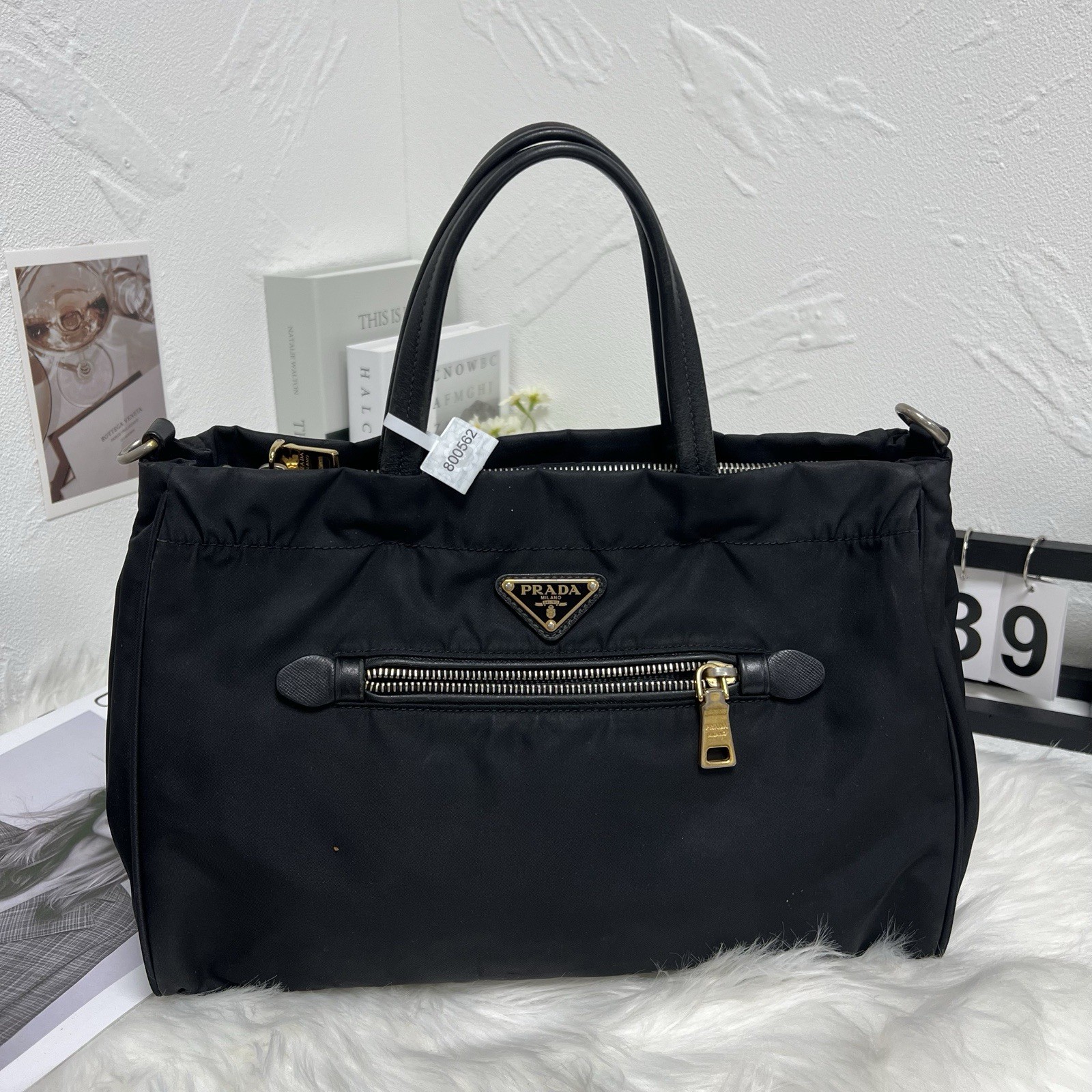 Prada nylon black gold tote bag bottom length 32cm