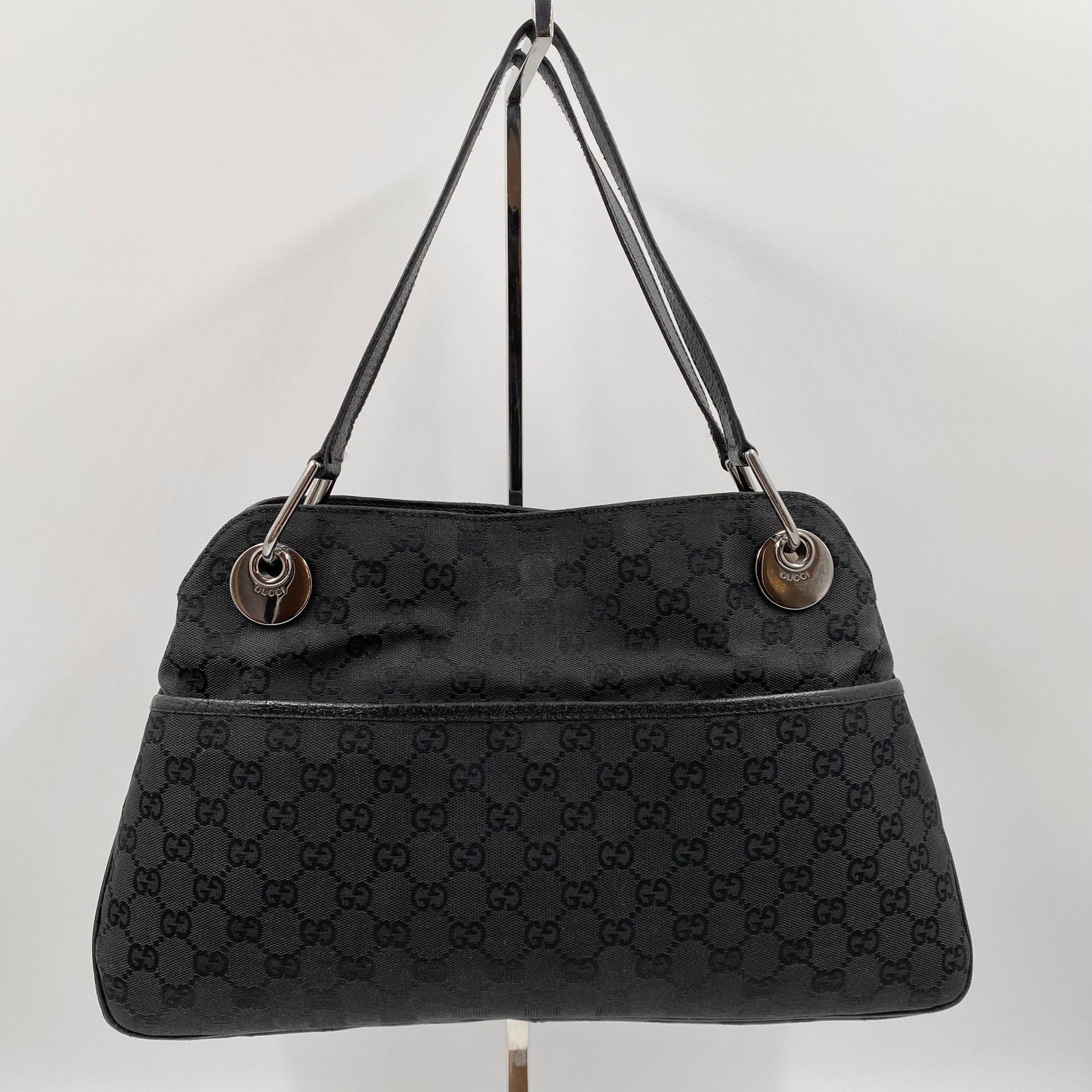 Gucci GG Monogram Eclipse Tote Bag Cloth Canvas Leather Trim Black Y2K Purse