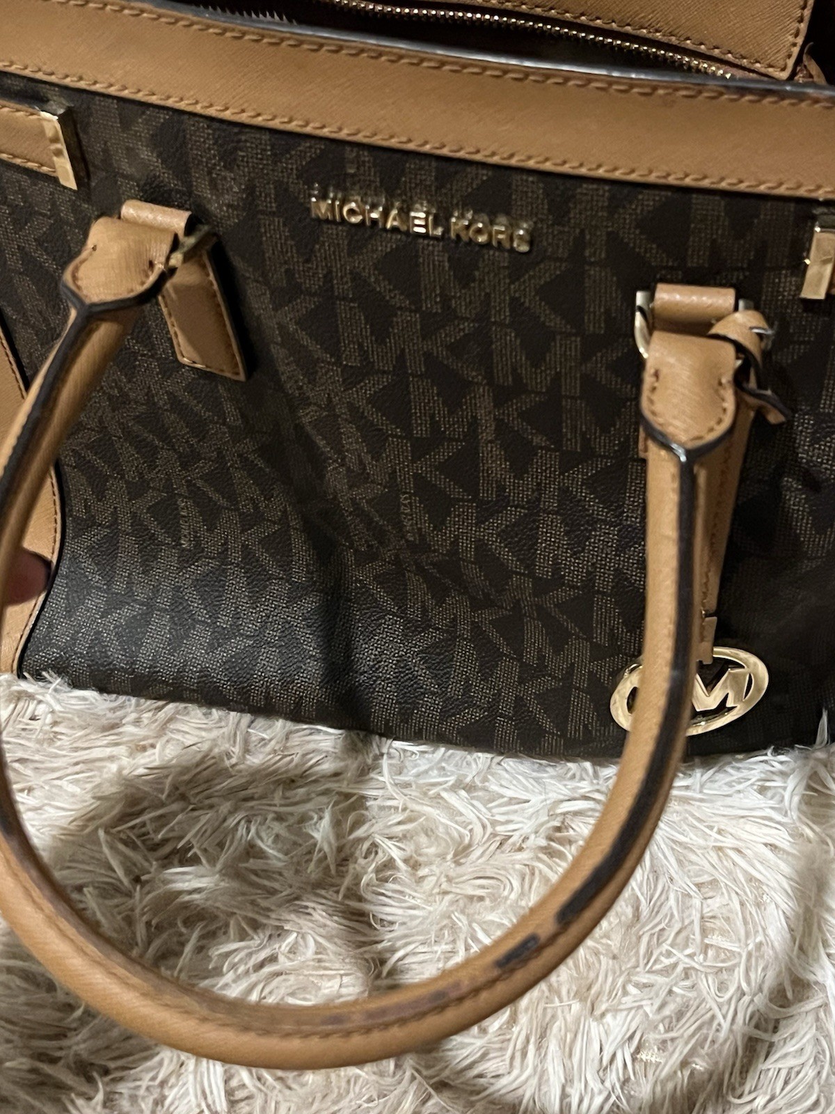 Michael Kors Brown Signature Monogram Satchel Crossbody Bag Gold Hardware