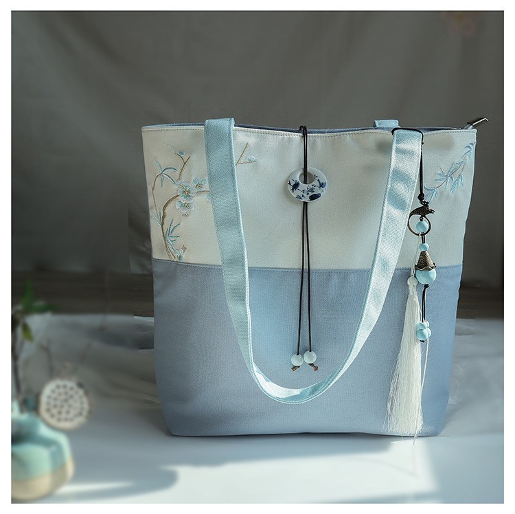 Women’s Chinese Style Embroidered Canvas Tote Handbag Large Capacity Shoulder Ba