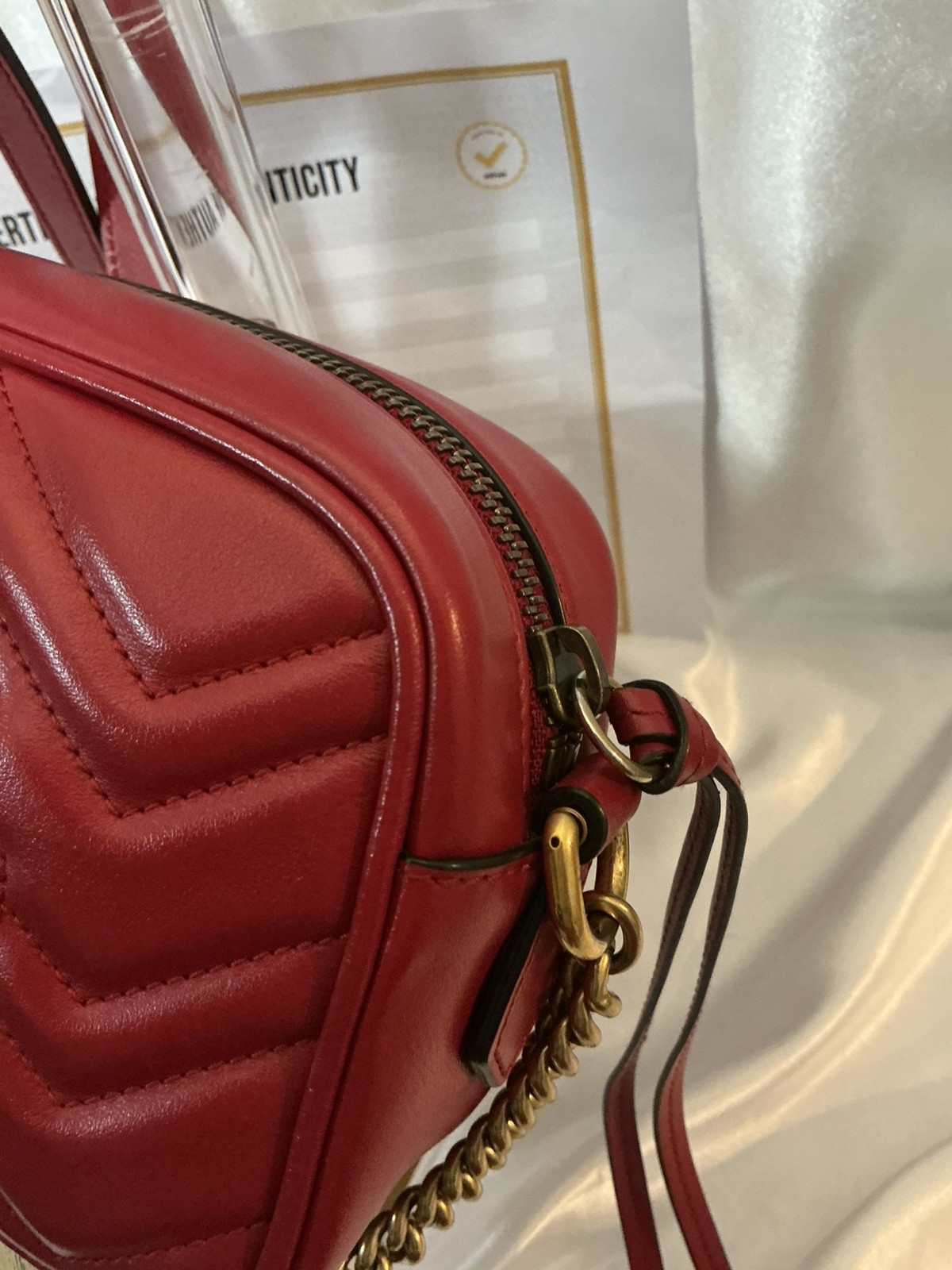 Authentic Gucci GG Marmont 2.0 Red Leather Chevron Camera Crossbody w COA