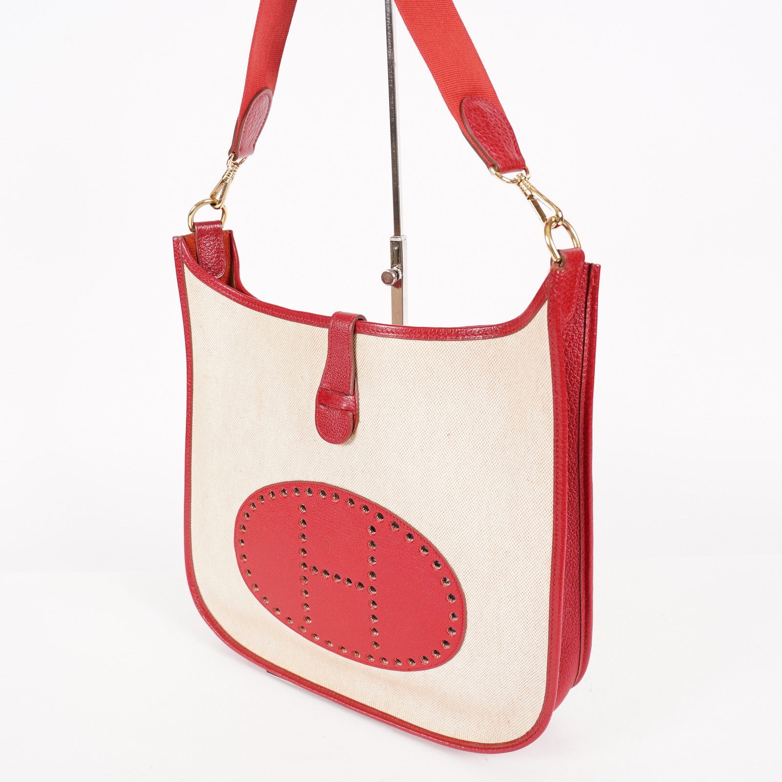 Hermes Rouge Red Taurillon Clemence Leather and Canvas Evelyne 06E0113310019