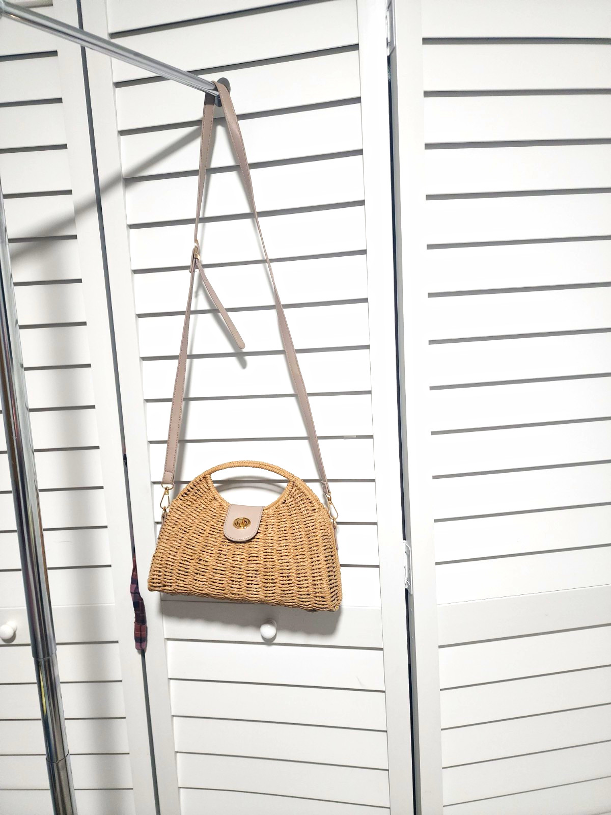 Beige Woven Satchel Top Handle Bag, Turn Lock, Detachable Strap, Gold