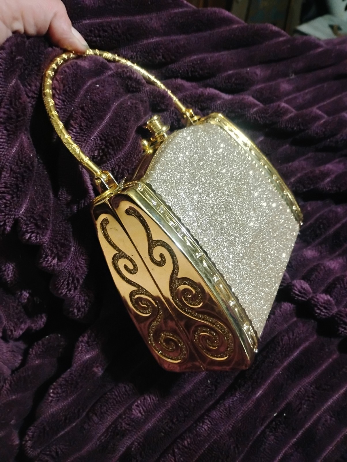 Gold Glitter Metal Frame Top Handle clutch, Evening Bag Clasp w/ handle