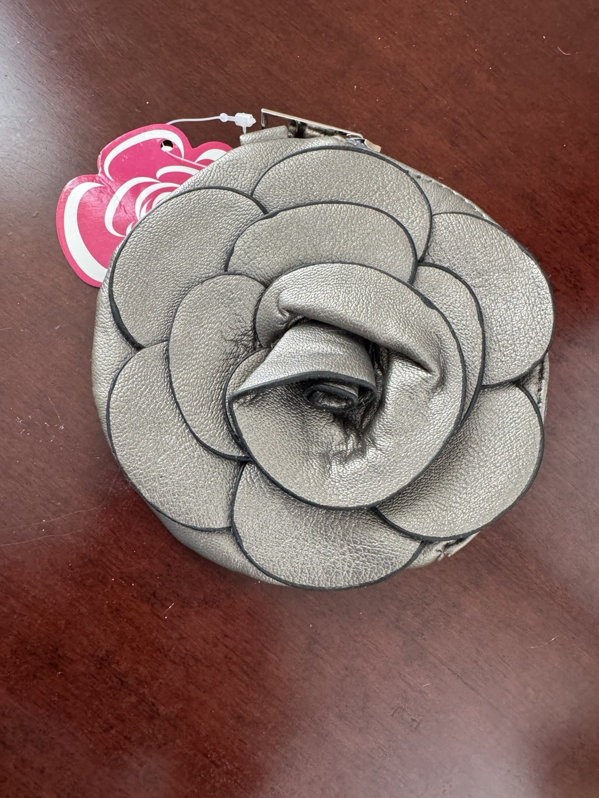 Rose Flower Round Change Purse With Wrist Strap Silver, 5 Inch Diameter. NEW
