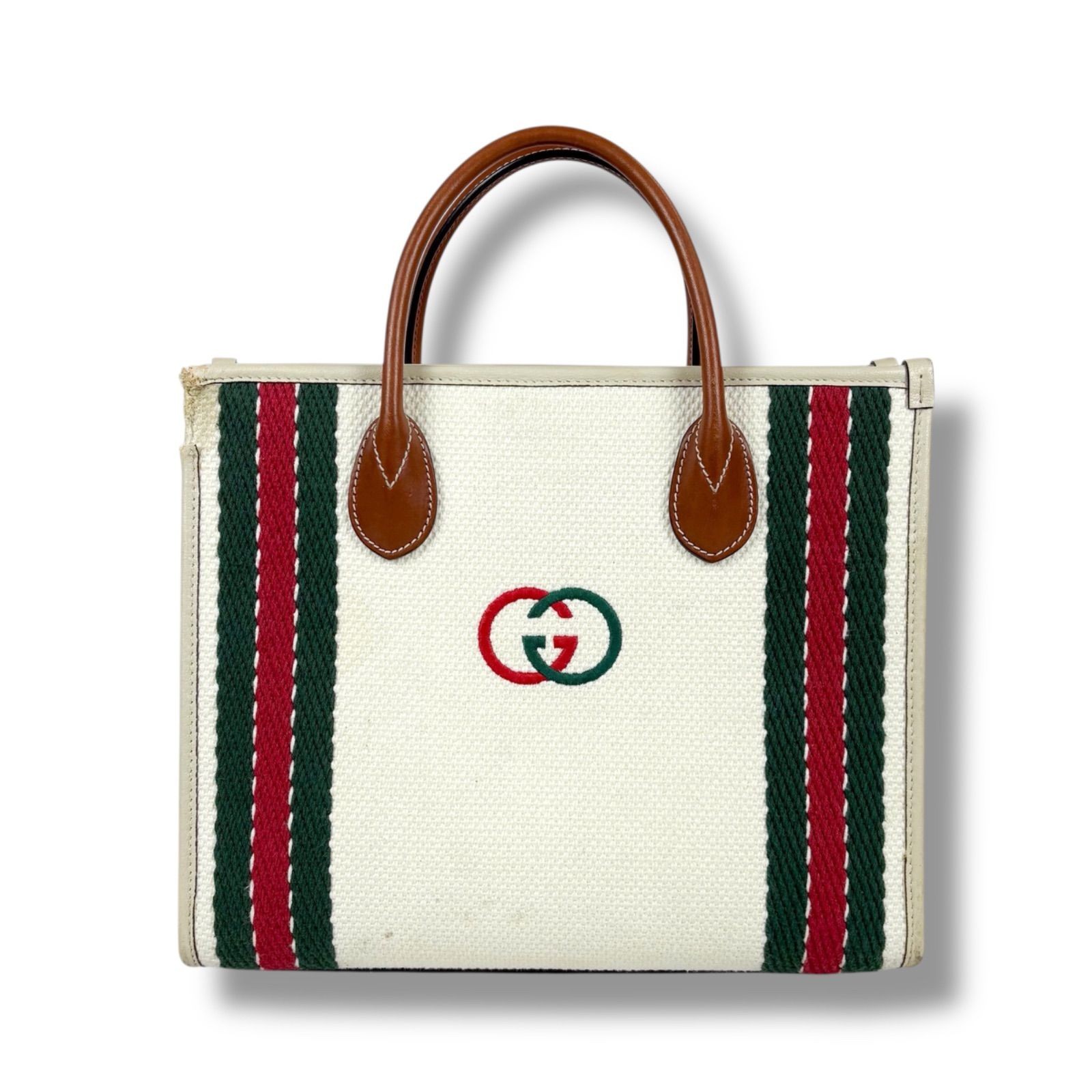 Gucci Interlocking GG Logo Embroidered 2Way Tote Bag Web Stripe Canvas Shoulder