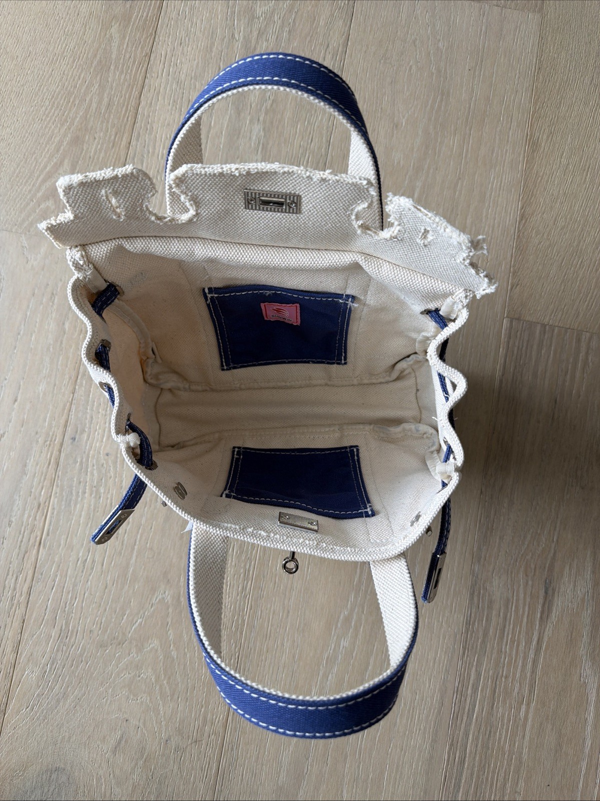SUNWIN SMALL CANVAS BOATKIN BEIGE/ BLUE BOAT TOTE BAG WITH 2 INNER POCKETS NEW