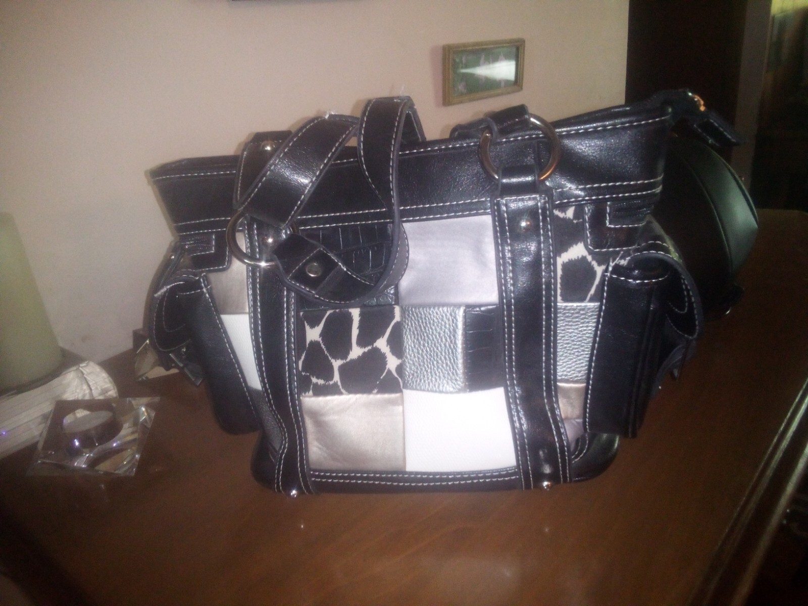 Midnight Velvet Classy Black Patterned Purse Thick Faux Leather w Animal Prints