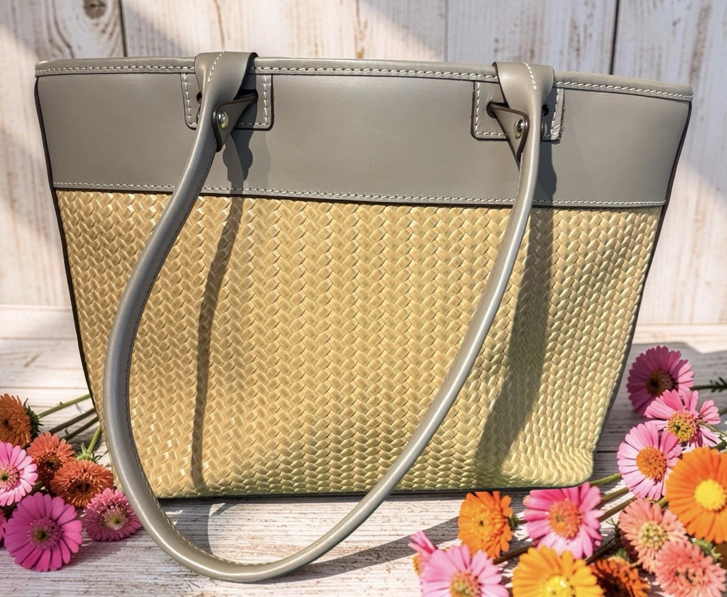 Dooney Bourke Beacon Taupe Gray Brown Woven Embossed Shopper Tote Smooth Leather