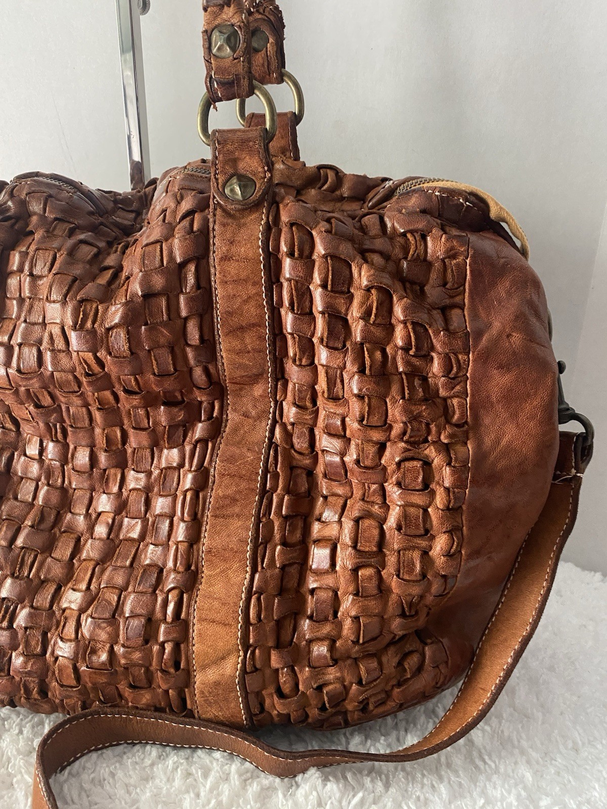 Langellotti Italian Woven Leather Tote Crossbody Bag Brown Large Made In Italy